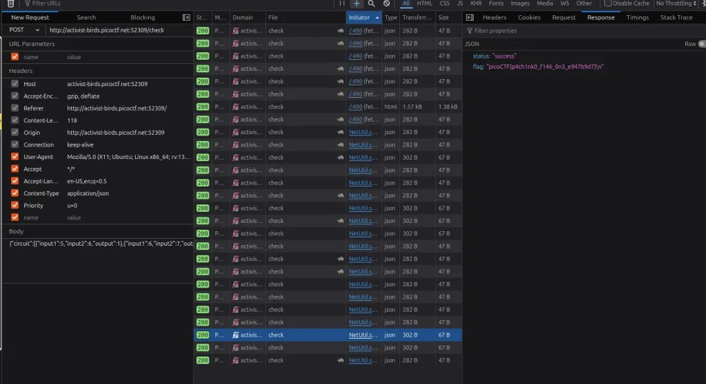 Network tab in browser showing response with picoCTF flag in the Pachinko walkthrough challenge